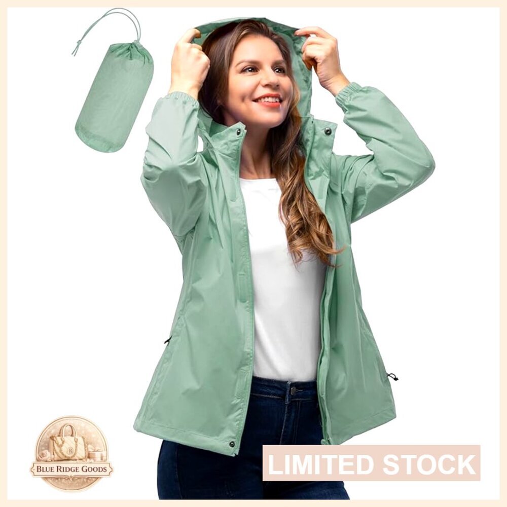 Waterproof Packable Raincoat Lightweight Windbreaker Hooded Trench Style Jacket
